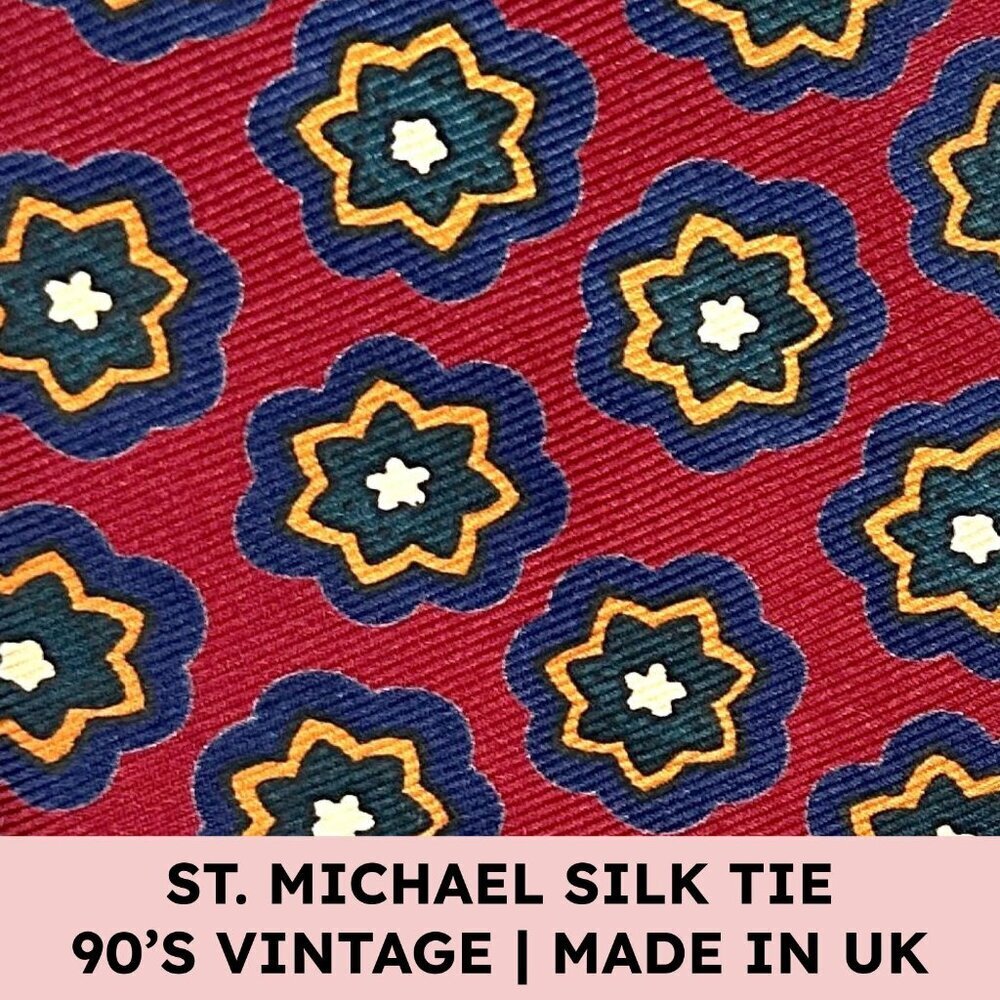 St. Michael Silk Tie Red Geometric Print Vintage Maximalist Academia Retro